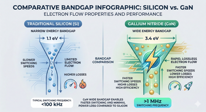 Сравнительная диаграмма нитрида галлия (GaN) и традиционного кремния, демонстрирующая широкую запрещенную зону и высокую эффективность зарядки.