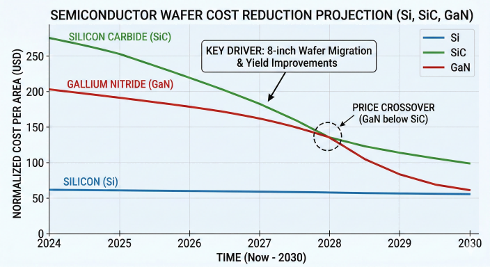 График динамики стоимости производства нитрида галлия (GaN) и карбида кремния (SiC) для электромобилей и силовых установок.