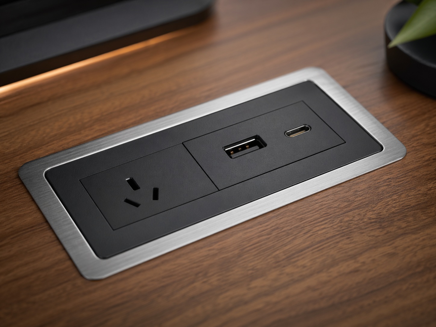 Gedetailleerde vergelijking van USB-A- en USB-C-poorten op een ingebouwde voedingsmodule voor desktopcomputers, bedoeld voor meubelintegratie.