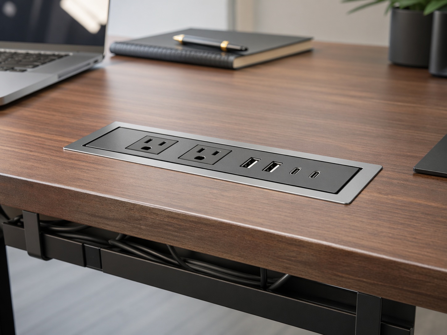 Inbouwbare desktop-stopcontactmodule voor OEM-integratie in meubels met USB-C- en GaN-laadmogelijkheden.
