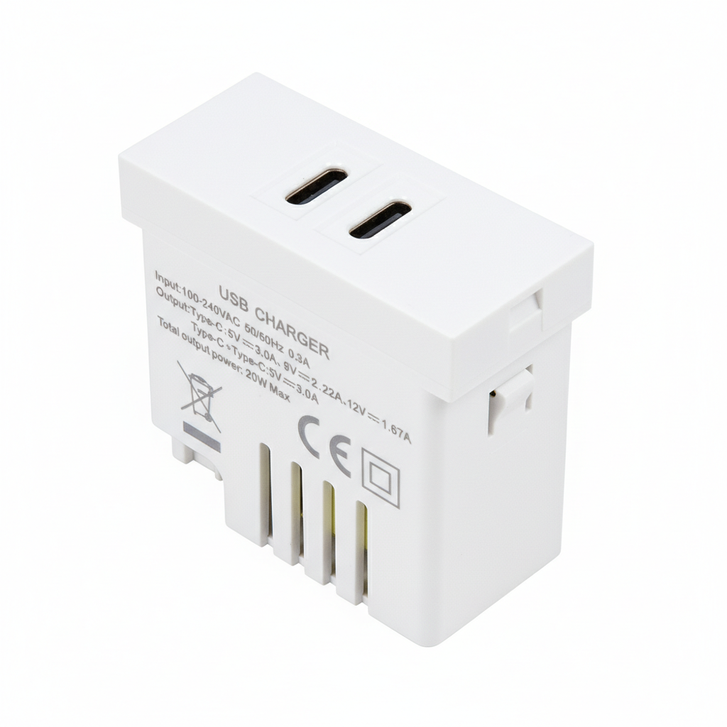 20W埋め込み型壁面充電器ソケットの2つのType-Cポートのクローズアップ画像