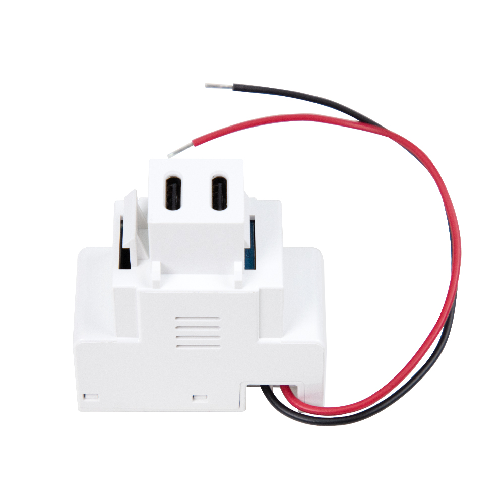 Vedere laterală a modulului USB Keystone alb, care prezintă firele de intrare roșii și negre de 100-240 V