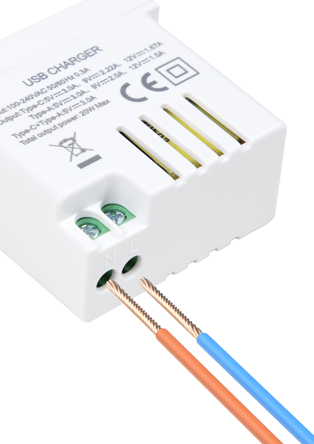 Компактный двухпортовый USB-модуль зарядки, совместимый с устройствами iPhone и Android.