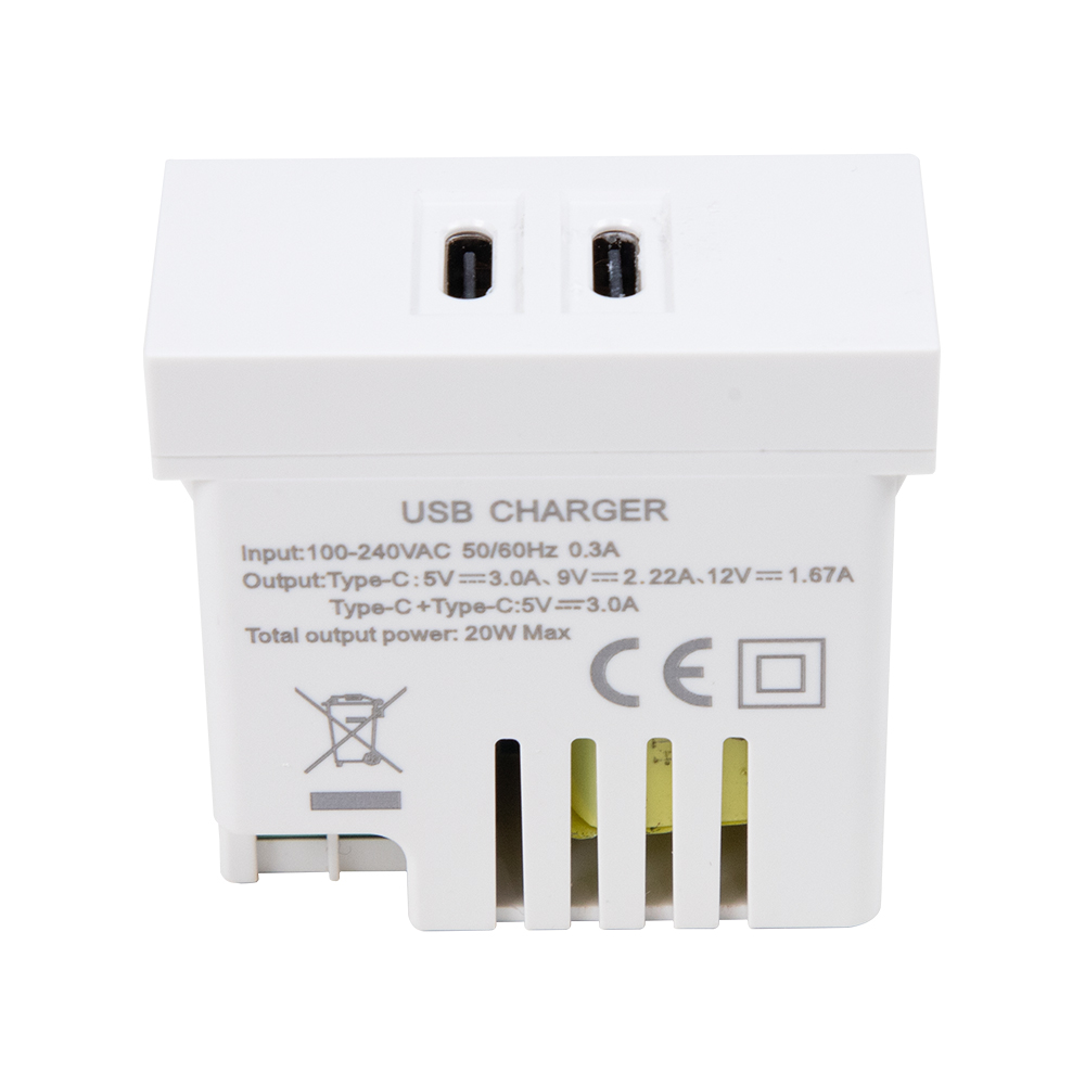 安全な取り付けのためのハードワイヤードネジ端子を備えた20W USB-Cモジュールの側面図