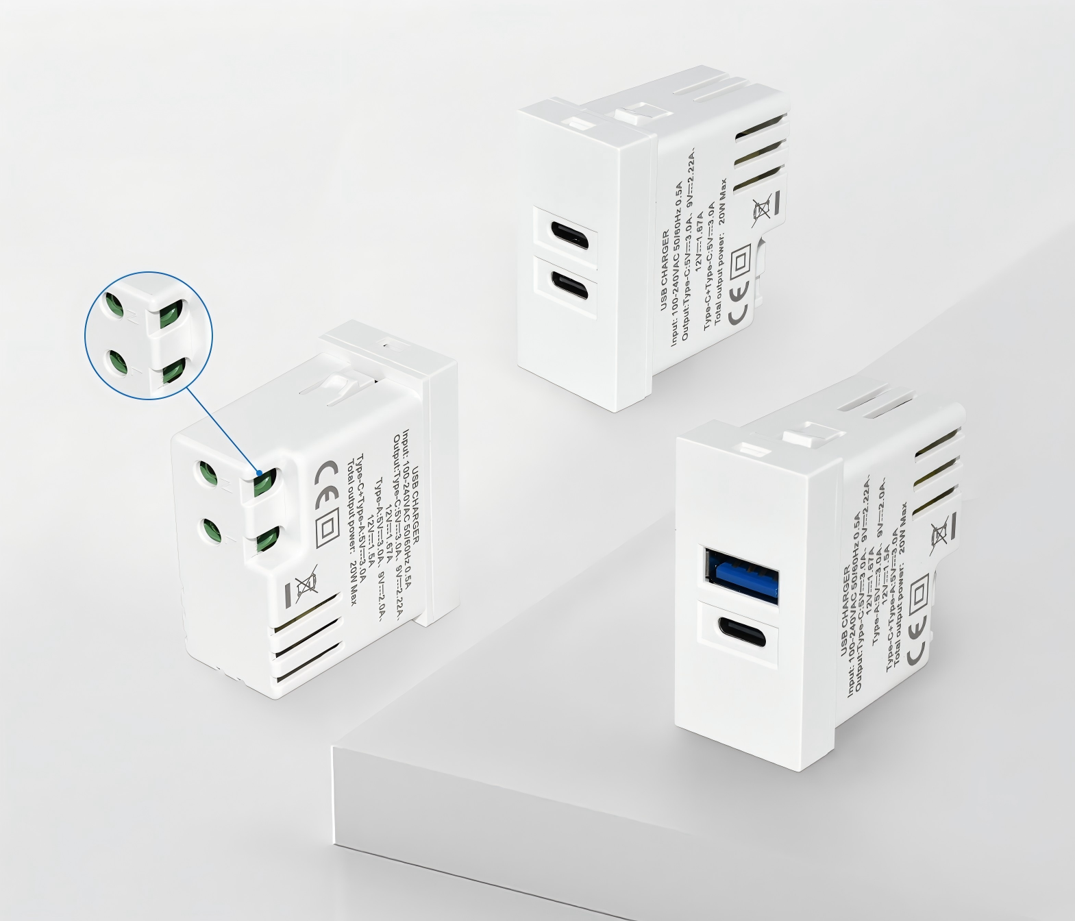 ホテルのヘッドボードパネルに最適な、USB-Cポート2つを搭載したコンパクトな20W急速充電器