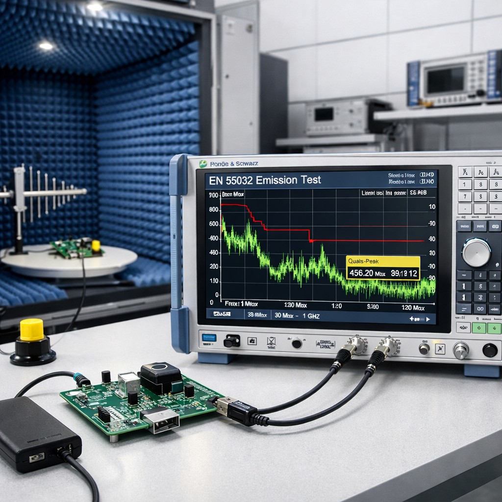 Параметры испытаний на электромагнитную совместимость (ЭМС), применимые к зарядным модулям USB класса B в соответствии со стандартами EN 55032 и EN 55035 для соответствия требованиям производителей мебели в ЕС.