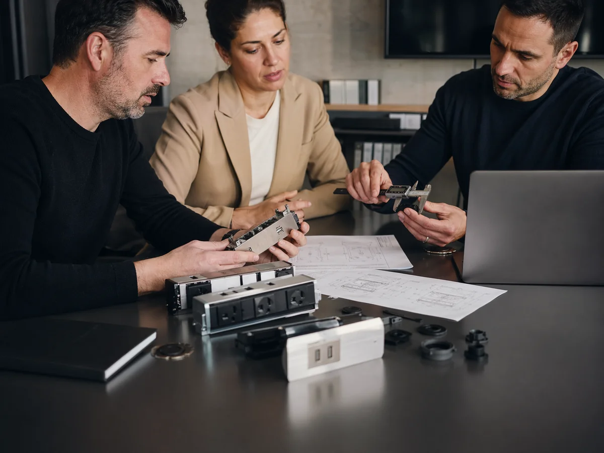 Ingenieure und Mitglieder des Beschaffungsteams prüfen Muster von USB-Lademodulen für die OEM-Beschaffung und untersuchen Leiterplattenprototypen und technische Dokumentationen an einem Laborarbeitsplatz.webp