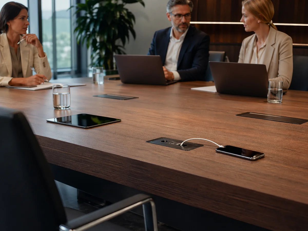 Konferenztisch mit integrierten USB-Lademodulen in einem modernen Bürobesprechungsraum. Die elegante, ebene Oberfläche verfügt über bündig eingelassene USB-C-Anschlüsse für diskreten Stromzugang.webp